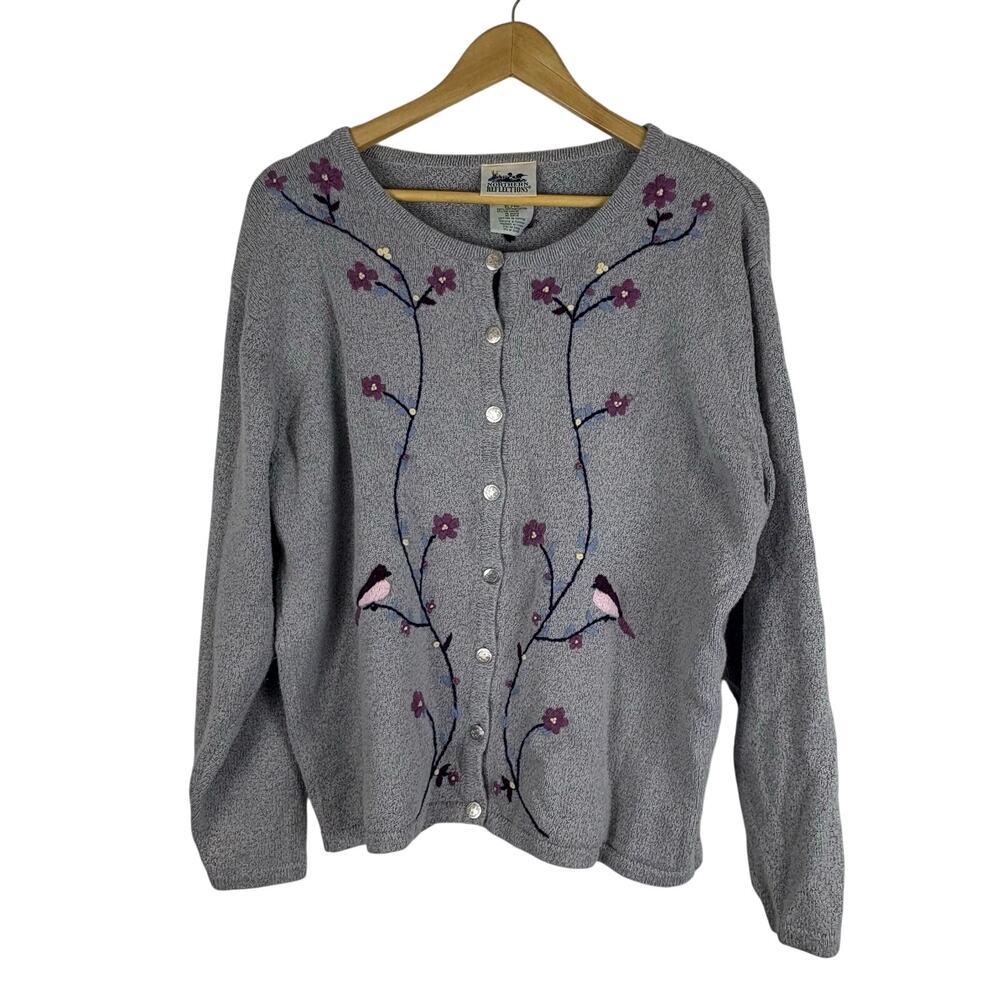 Vintage Northern Reflections Cardigan Sweater Floral Birds Embroidered Knit XL